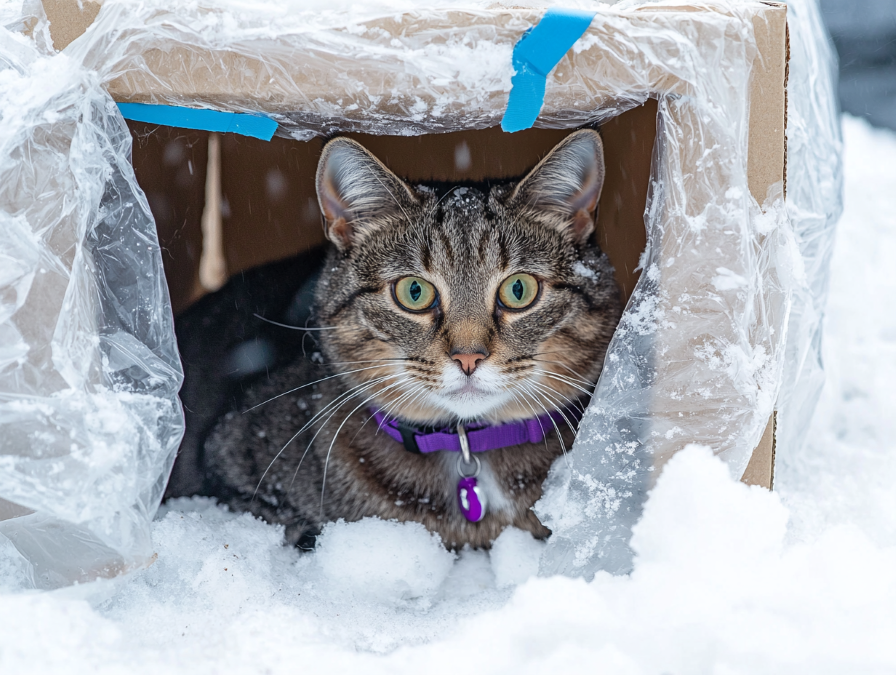 chat dans boite entourée de plastique pour abri neige