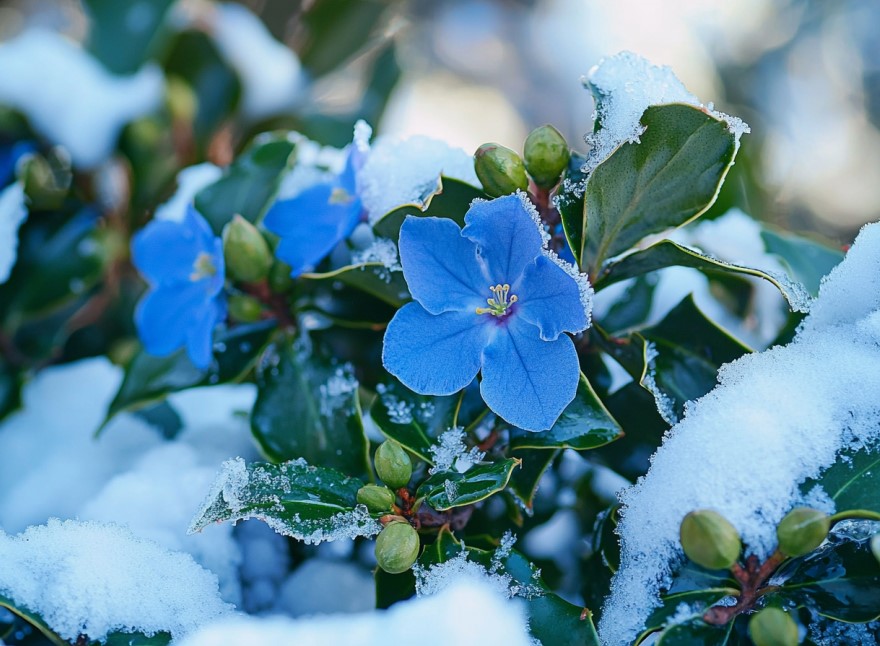 fleurs bleues dans la neige