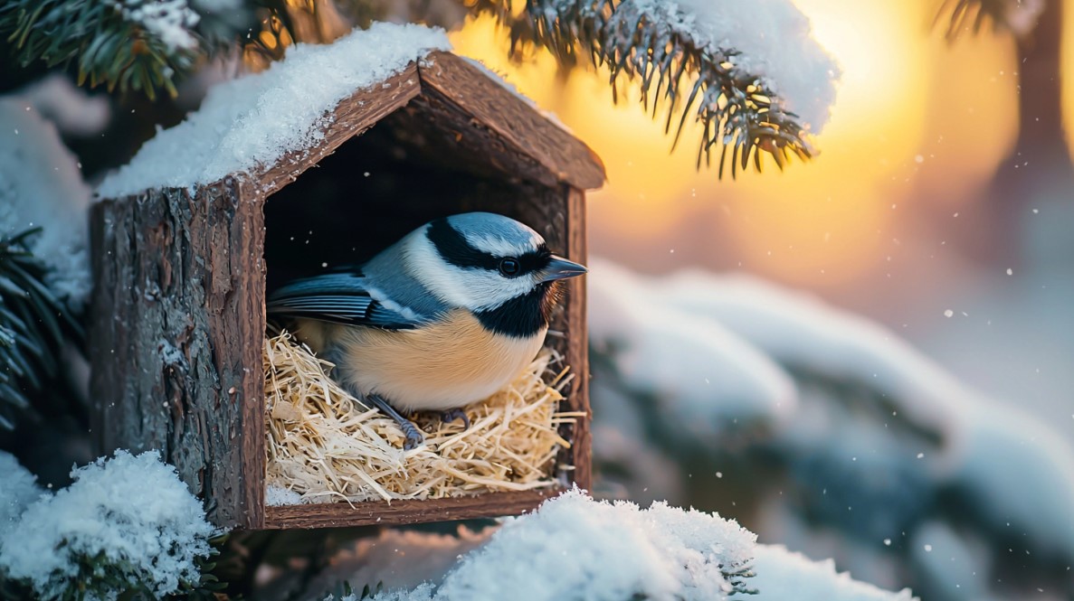 mésange sous la neige dans nichoir diy abris refuge hiver 