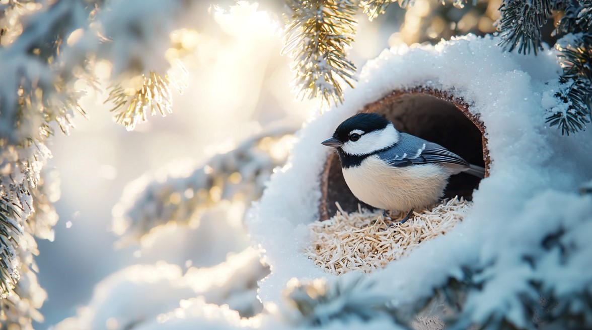 mésange dans tuyau froid neige